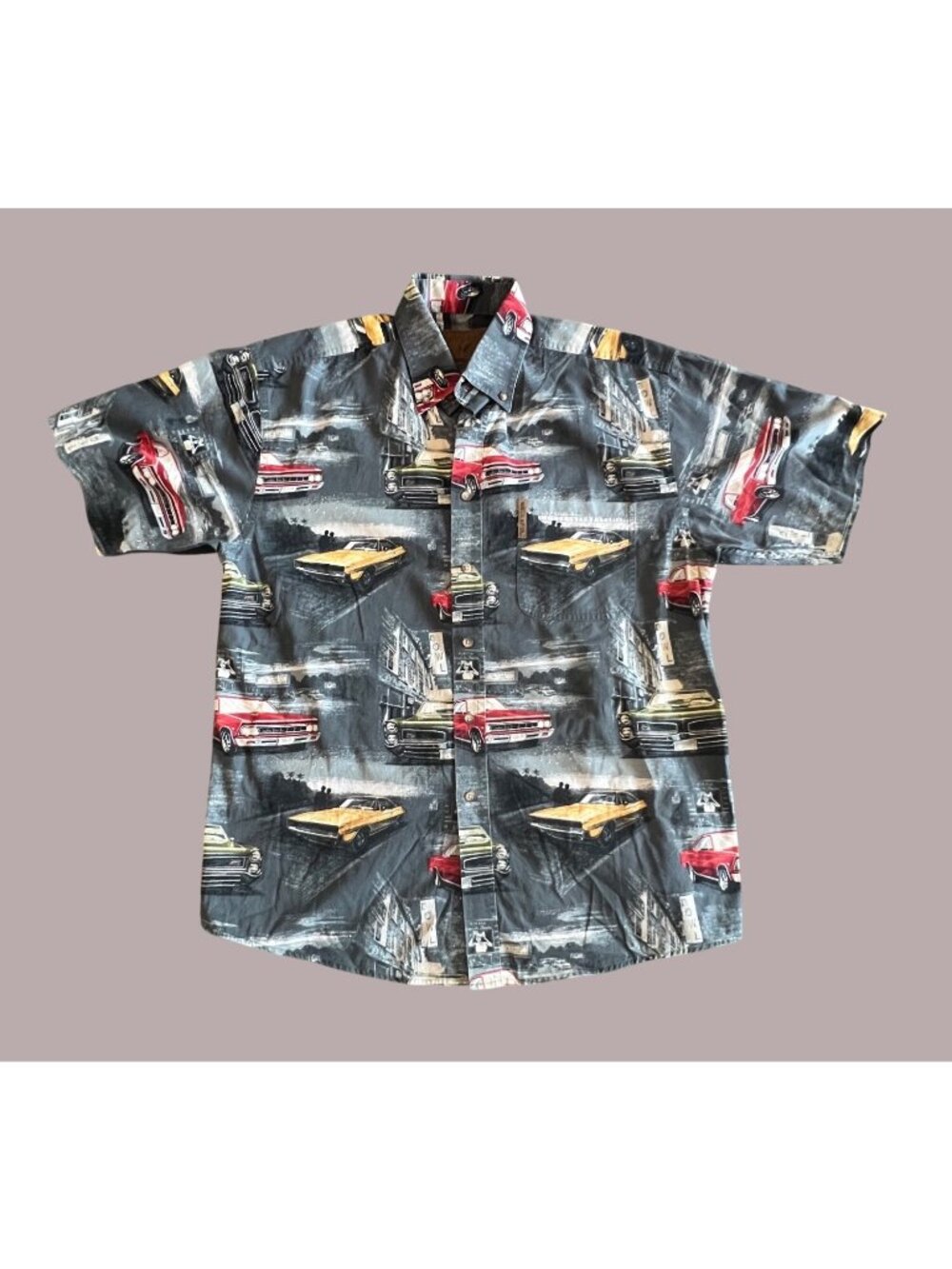 North River Mens Short Sleeve Button-Up Shirt With Classic Cars Rainstorm Patter